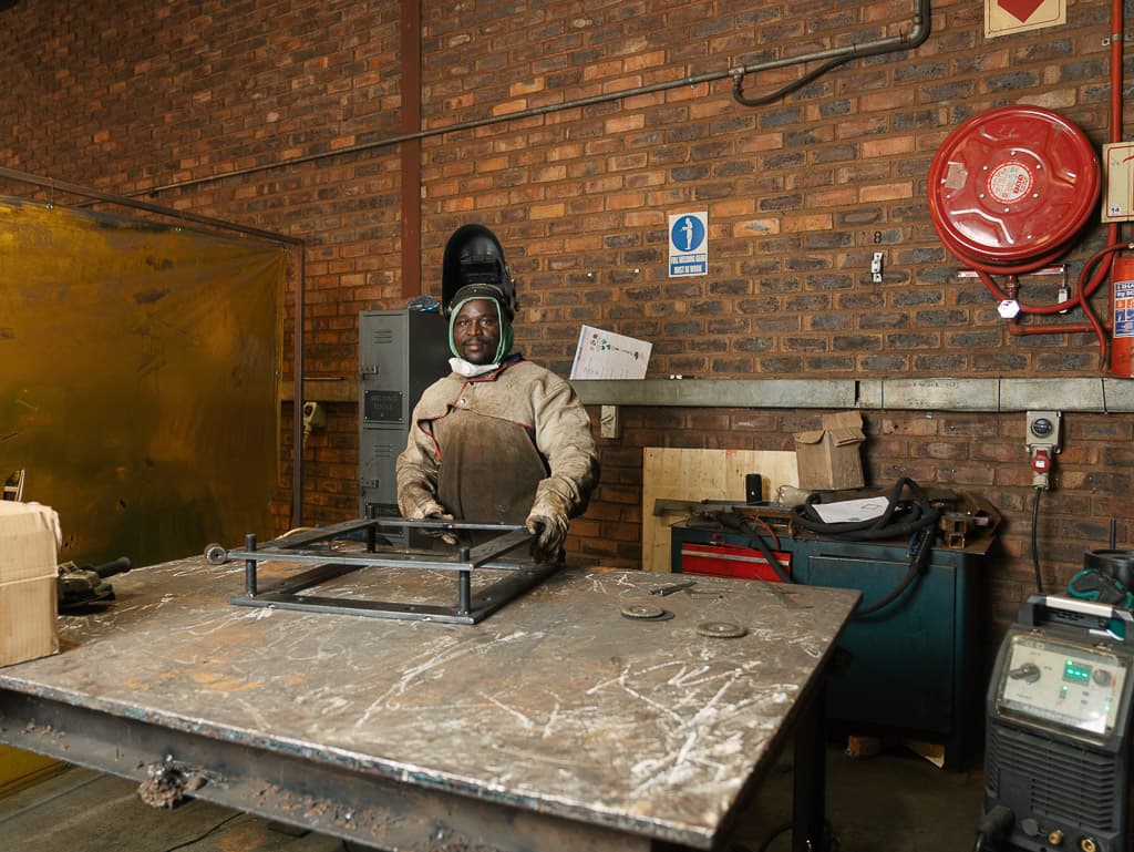 Welded steel frame on the assembly table